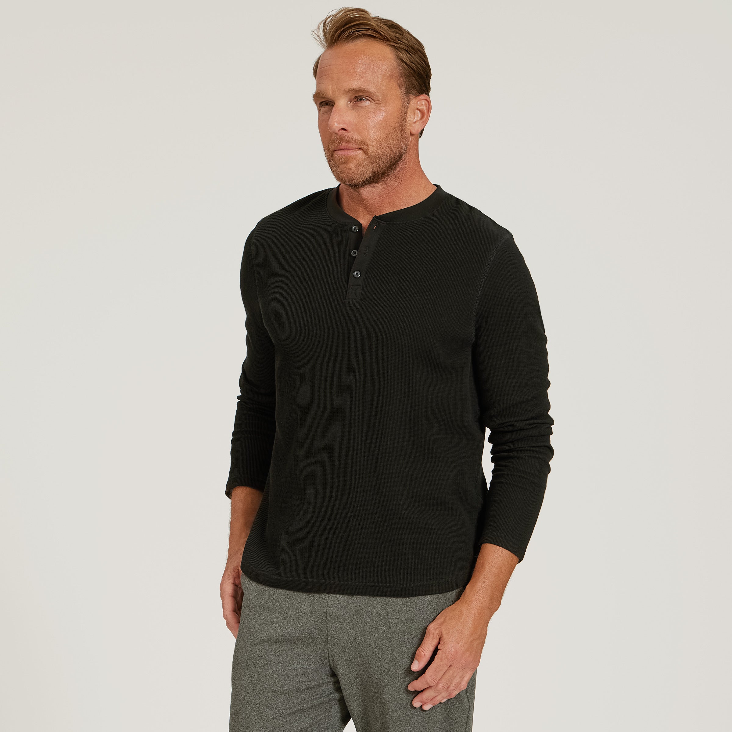 Cotton Waffle Curved Hem Henley